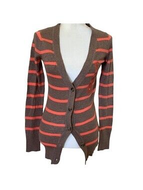 Mossimo Cardigan Women XS Brown Orange Striped V-Neck Button Front Cotton Knit